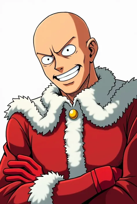 A bald man without a beard , wearing a Santa costume and red gloves , without hat, without hat,  smiling,  manga drawing in the style of One Punch Man 