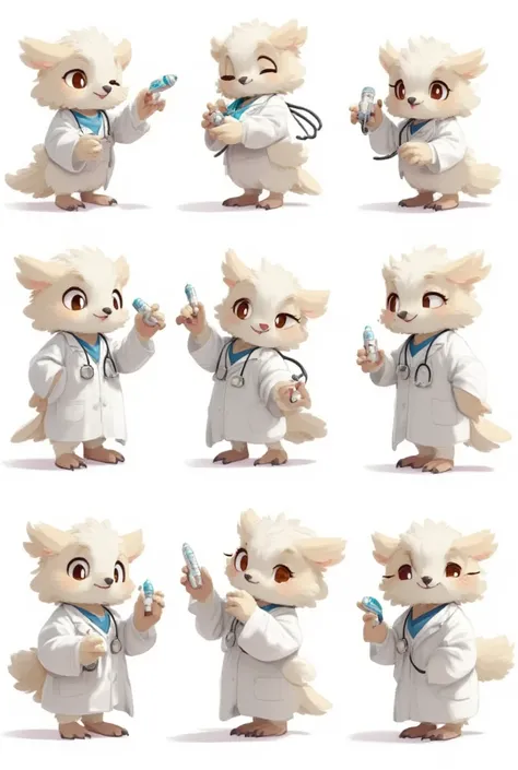 An anthropomorphic light-colored owl anesthesiologist named Som, maintaining its signature wise and professional personality. Som has soft feathers, wearing a white lab coat and a stethoscope. The character is shown performing eight different actions, all ...