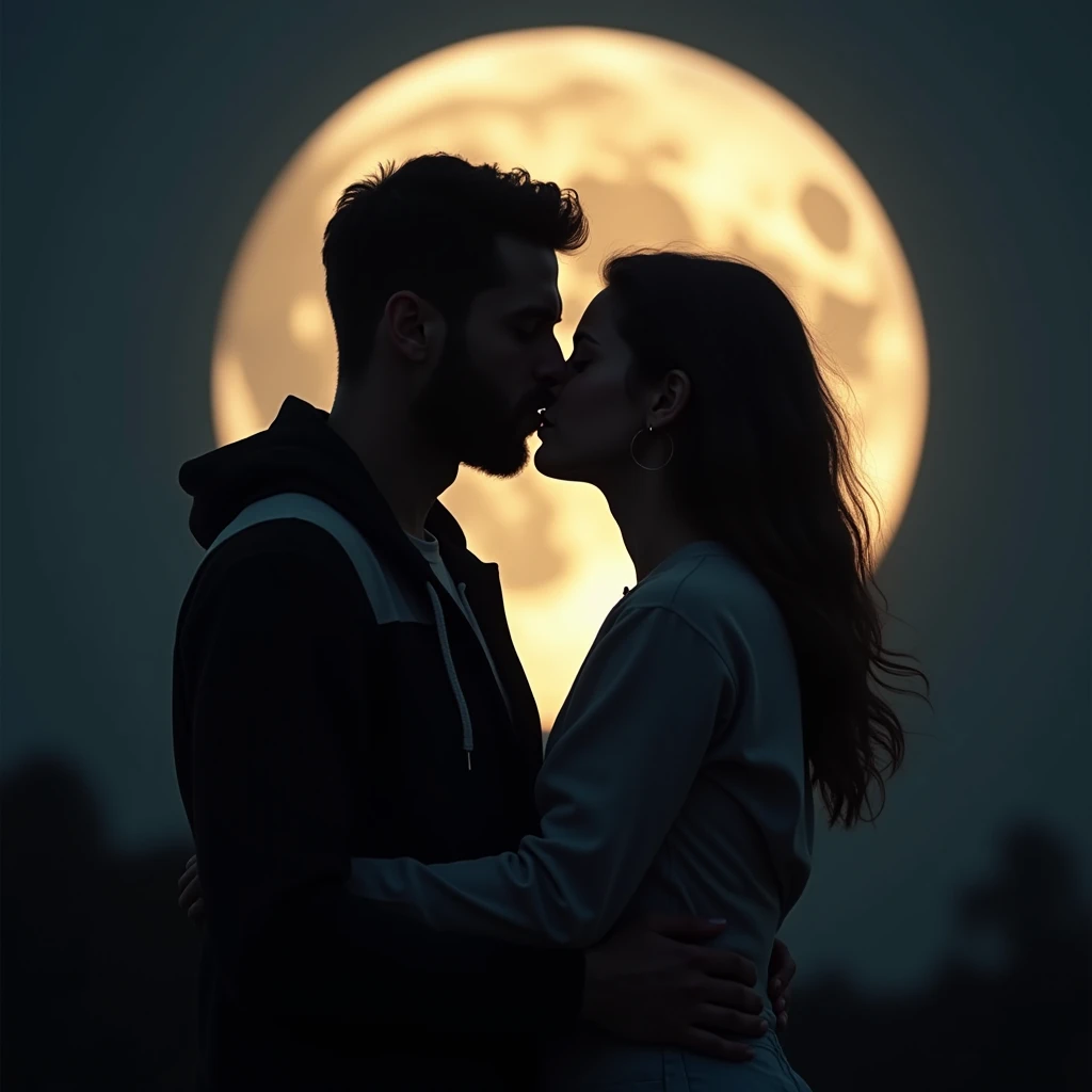 Create a realistic image of a couple kissing, limelight, with the full moon in the background. They are dressed in casual clothes.  He is a very handsome man and she is a beautiful young woman.  Lighting,  intricate details , clarity