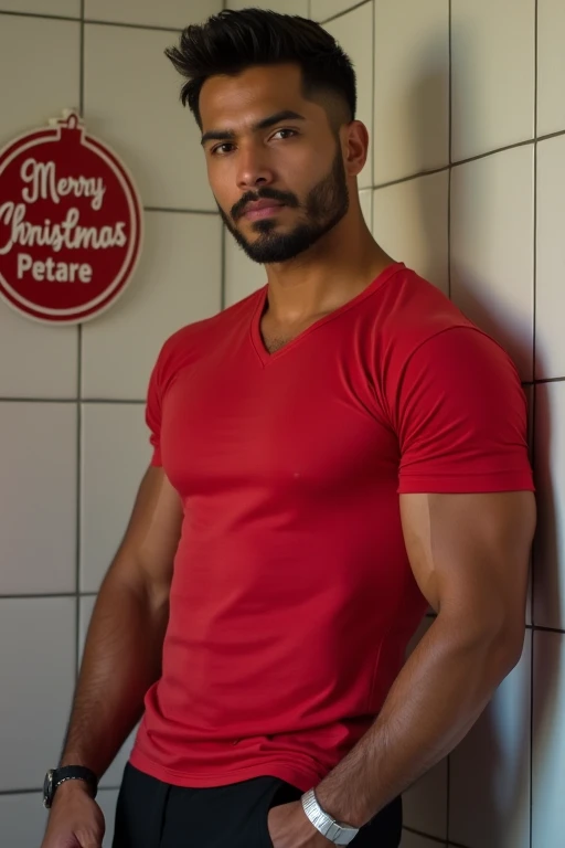  Tall and muscular Latin man with brown skin , juicy lips,  short black hair in silver shape band , red shirt,  very short black shorts without beard ,  and a logo on the ceramic wall with the name of (Merry Christmas Petare ). 