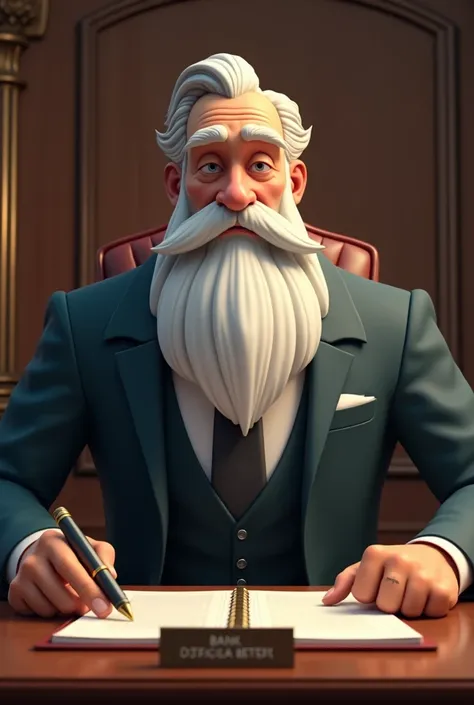 Draw an animation of a masculine, disciplined, perfectionist, reliable, strong old man with a white long beard, but this man looks like a bank owner