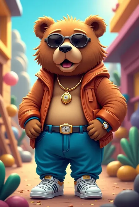 bear has blue pants, white shoes,a gold necklace, and a watch. It is in a cartoony artstyle.