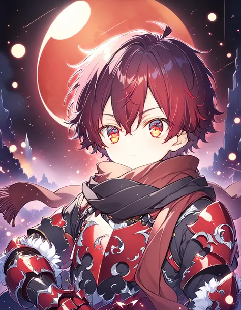 Detailed 8k cute theme , Boy in the scarf , short disheveled crimson hair and crimson eyes wearing dark crimson armor with full moon in the background