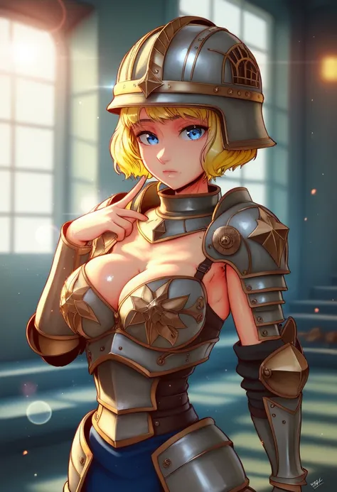 Indoors,in the jail, Standing at attention, (helmet:1.3),(armor),(breastplate),(skirt_armor),(silver_BRA),a helmet on her head,armored_boots, cape on her shoulders, (Blue_eyes),(blonde_hair),(short_hair), (hair_twontails),(Bangs), 1 girl, 20yo,Young female...