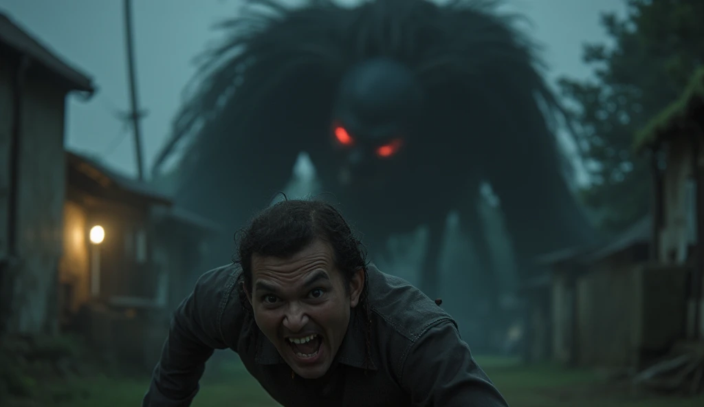 A dramatic and eerie scene featuring a frightened man with an extremely terrified expression running away from a large, shadowy figure with glowing red eyes. The background depicts a dark, foggy village with ominous glowing lights. The man appears illumina...