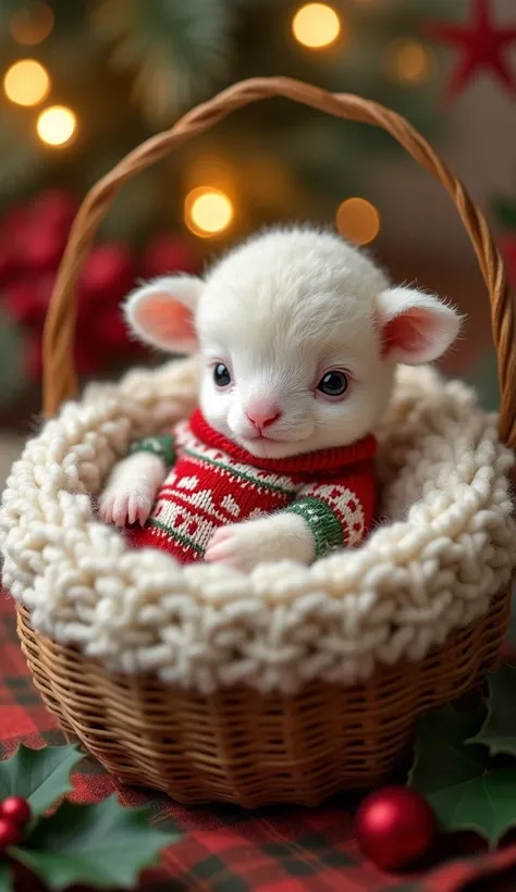 Lamb Kitten lies in a fluffy woolen Christmas basket,wearing Christmas knitted overall,background Christmas atmosphere 