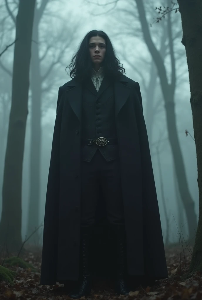 (Dressed up) scenario, With fog, A Boy Who Has Arrived, (um homem grande e strong) with very broad shoulders , (Height, 1, 90 meters)  hair too long to the waist, ( in the forest) very high, strong,  handsome boy in Victorian clothing ,  with black overcoa...