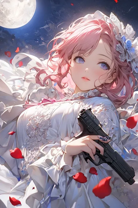 ( high res),( Masterpiece),All、 Sophisticated One Beautiful Woman 、(((I have a handgun in my hand))),(((Rose petals scattered ))), A Beautiful Woman Full of Self 、Cold texture、 Will to Revolutionary 、Speed、Make a decision、Resolve、 I Trigger 、Looking up at ...