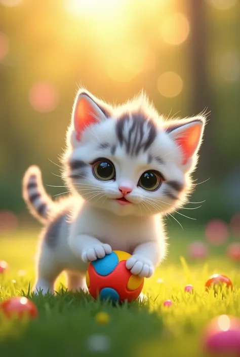 Un portrait en gros plan captivant dun joli petit oiseau illuminé par la douce lumière dorée dun matin tranquille, avec des bouleAn adorable white and gray kitten named Minou playing in a sunny garden, chasing a colorful ball, cartoon style, cute and vibra...