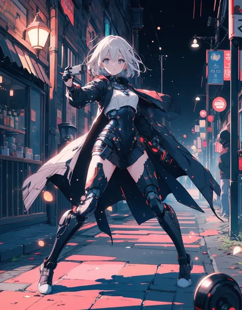 (( film grain, Bokeh,   light particles ,Dust particles,  Extreme Camera Angle .)),  dynamic pose, Full body photo of a young attractive broken cyborg woman,  raise eyebrows ,   knight , Street lamp,  Grey Hair 