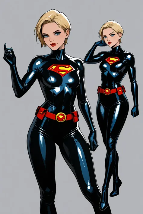 Create 18 +, blonde short hair, Wearing tight jumpsuit in shiny black fabric, DC comics , comic book style, . Sexy and sensual posture  