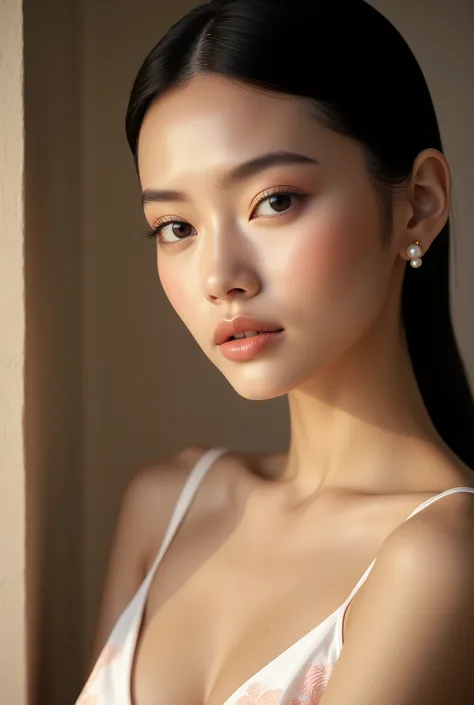 a beautiful east-asian woman, flawless skin, stunning makeup, glossy red lips, sleek black hair, pearl earrings, elegant outfit, high-end cosmetic product, seamless blending, cinematic lighting, rich colors, luxury brand aesthetic, minimalist background, p...