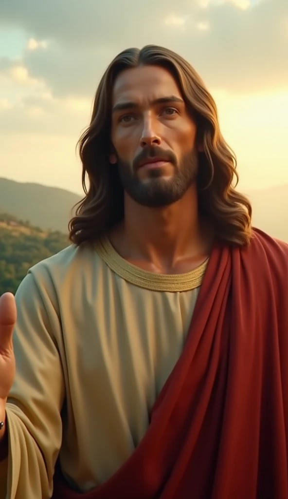 Close-up de Jesus Cristo,  portrayed as a serene and compassionate figure ,  with long wavy brown hair and well-groomed beard , expression of love and welcome .  He wears a beige robe with a red cloak , his hand extended in a gesture of invitation . In the...