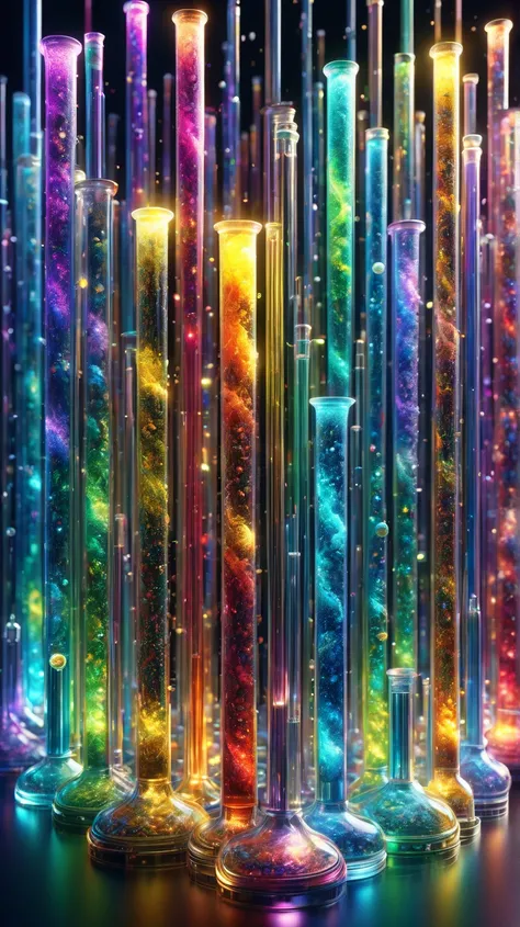 ((Tyndall Effectを説明する画像)),Different colored test tubes isolated with dark background:multiple:line up in parallel:Cloudy:Cause only one Tyndall Effect,masterpiece, greatest masterpiece ,highest quality,rendering,rich colors,Cast a colorful spell,dream-like...