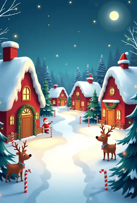  Continuation of the winter holiday theme ,  showing a snowy town with small houses decorated with Christmas lights .  Add playful elements such as reindeer ,  candy canes, and stars. A Christmas tree and Santa Claus .  Leave a white or soft-textured area ...