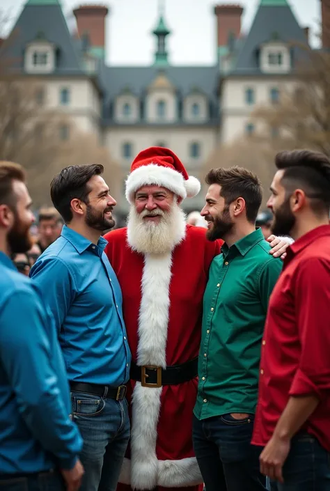 A group of mans standing close to each other, wearing shirts with blue,white and green colours, standing with Santa Claus, in front of a building