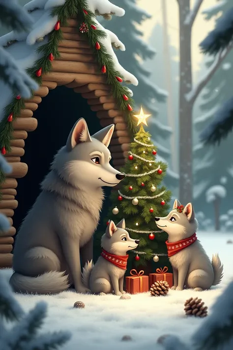  house Create an image of a wolf family, celebrating Christmas at a  