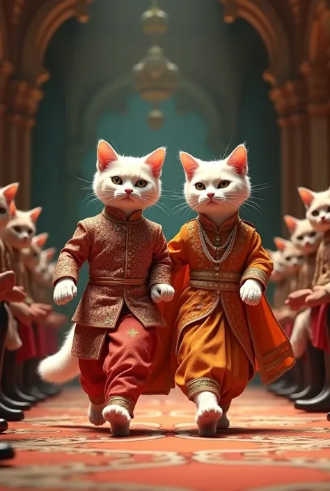 Create a ai full body white couple cat image for cat fashion show for cats Saree outfits walking on stage like a human and male cat wear a sherwani more people in background for appreciate 