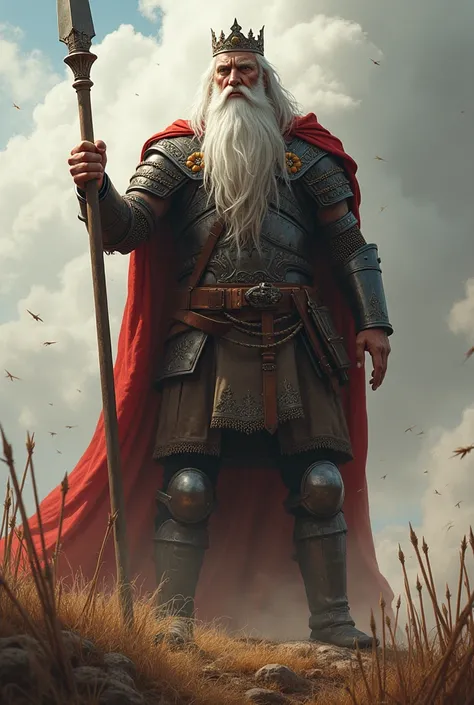 An elderly yet towering warrior with a long silver beard and a regal crown. He stands firm on a battlefield, wielding a massive spear with ease. His armor gleams under the sunlight, and his eyes reflect wisdom and unshakable resolve. Arrows pierce his body...