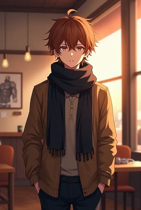 Anime guy with brown hakr in a cafe wearing a black scarf and standing up