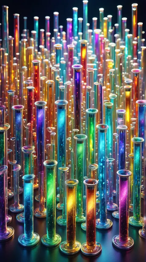 ((Tyndall Effectを説明する画像)),Different colored test tubes isolated with dark background:multiple:line up in parallel:Cloudy:Cause only one Tyndall Effect,masterpiece, greatest masterpiece ,highest quality,rendering,rich colors,Cast a colorful spell,dream-like...