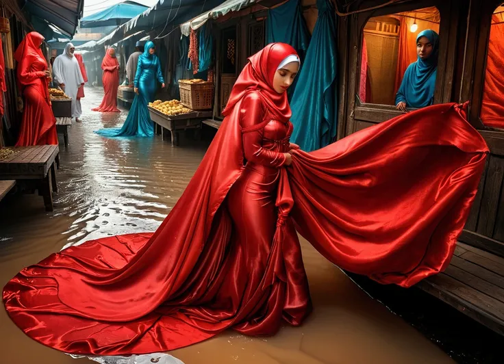 A woman shrouded in a 10-meter-long, plush red satin cloth, tightly bound and grandly draping along the form of her body, flowing off into a pooled floor-length train, styled in a mermaid-inspired outfit, her head modestly veiled in a satin hijab, tall wom...