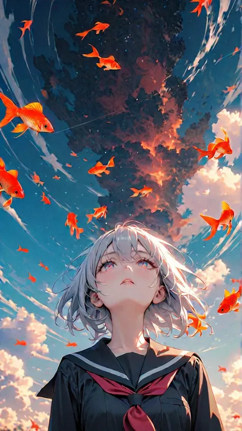 (female(student, age of 15, JK, short hair, silver hair, floating hair, cosmic colored eyes, black color sailor uniform(of high school), pale skin, tired face, no shine in the eyes) is looking up at the sky), (so many goldfish are swimming in the air), bea...