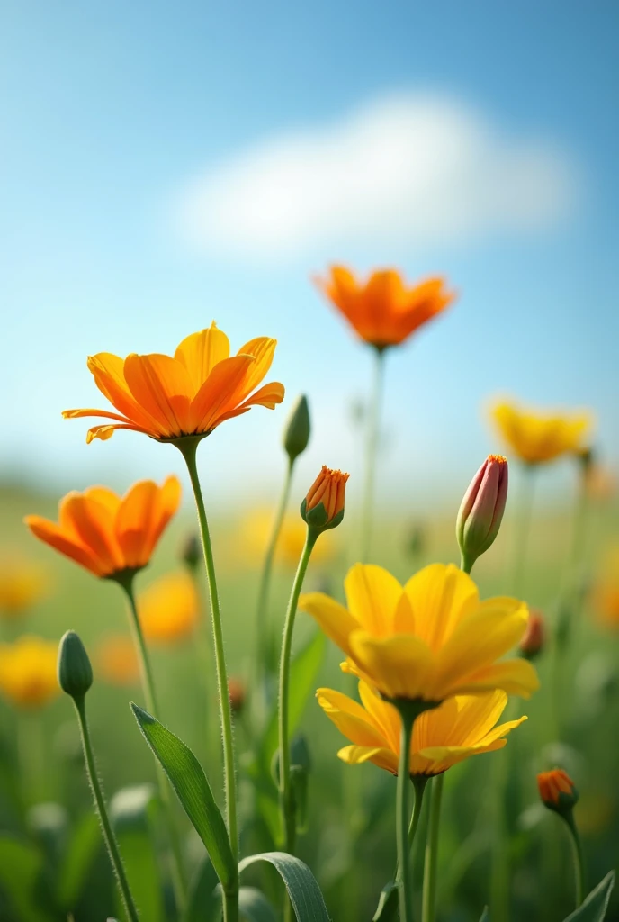 Flower field with 6 orange flowers in the central part and above ,  11 yellow flowers in the center at half height and 6 yellow flowers in bud around ,  all on tall green grass and in the background a blue sky with a pair of blurred white clouds