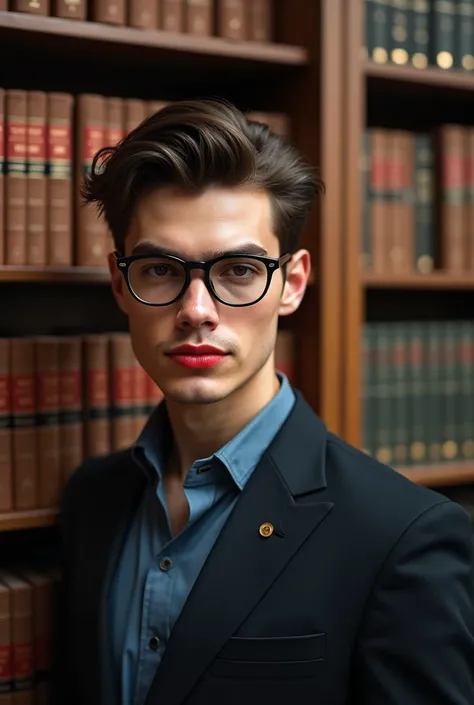 Create a handsome looking and smart young man a human wearing glasses with red lips standing near a book shelf