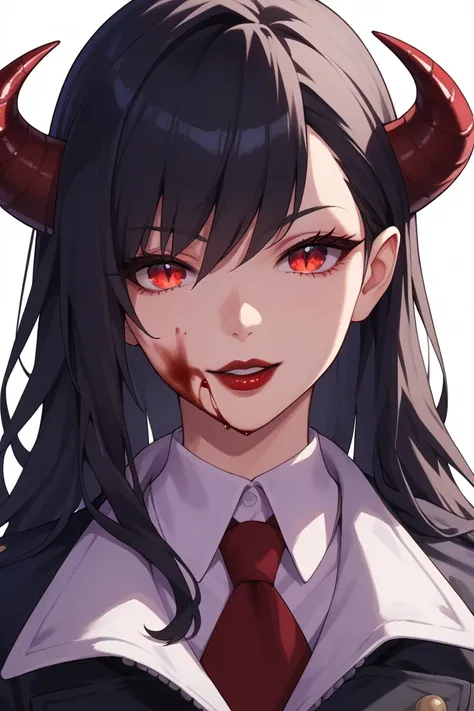 1girl,red_eyes,black_hair,long_hair,big_boobs,blood_on_face,demon_girl,zoom,castle,(clothing),white_background,zoom,big_zoom,close_up_of_face,red_lipstick,horn, blood_face, blood, boobs, castle, black_coat, blood_face, adult, black hair