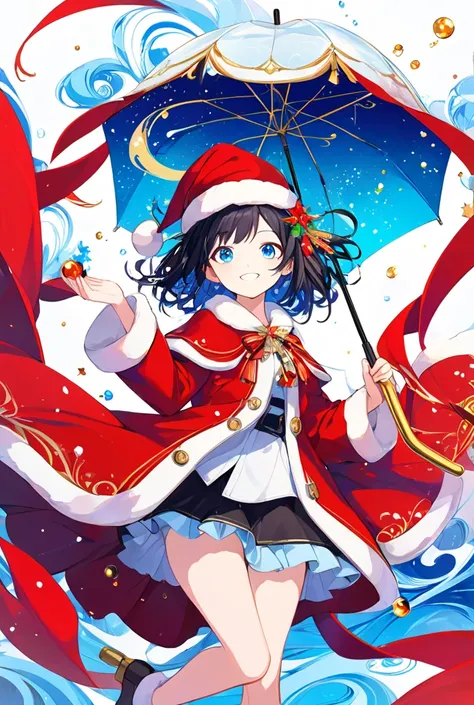 A visually striking anime illustration featuring a cheerful young girl with expressive blue eyes and flowing dark hair. She wears a vibrant red coat with intricate gold accents and a matching Santa hat, adding a festive touch. She is holding a sleek umbrel...