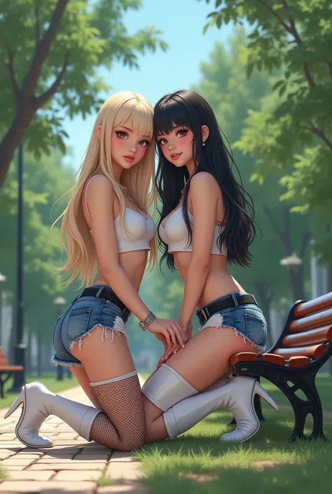 Fair skin, 変態anime beautiful young teenage 2girls,in city park Posing Kneeling on park bench showing her slender legs and beautiful high heeled shoes . She has long blonde hair dark She has strong makeup, blush, cutcrease eyeshadow, smudged eyeliner, huge ...