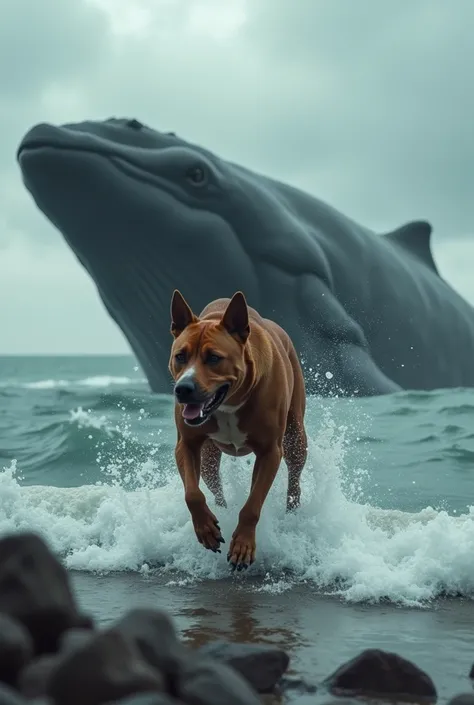  The image portrays a surreal and dramatic scene . A muscular dog, looking intimidating,  walks over rough waters , with strong waves around . Behind him,  there is an immense whale emerging partially from the water ,  with a serene and imposing look . the...