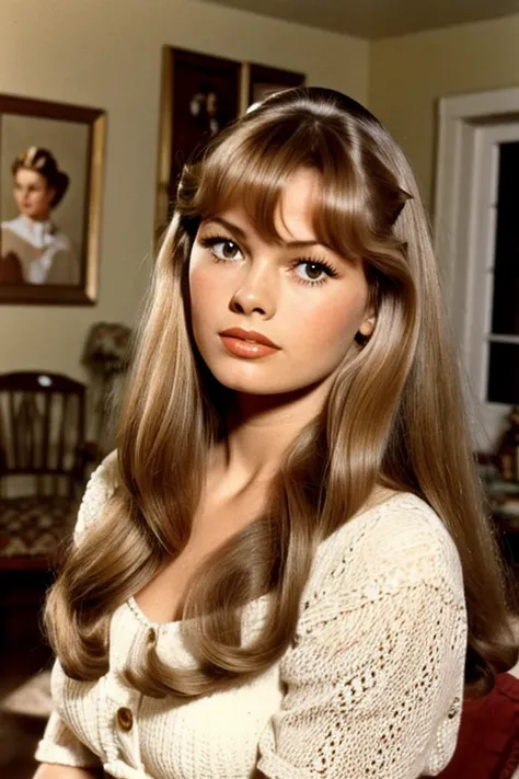 Medium view, 19 year old Brigitte Bardot, ￼milf, medium view, face portrait, long hair, pale skin skin, abundance of makeup, wearing 1940s dress, very fat, cozy home