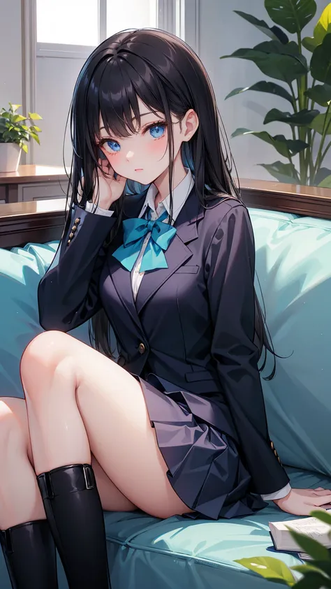  high school students  ， Has long, dark hair ， with warm blue eyes  ，  wears a fresh blue suit ，  pure white collar and bright green bow， Black Boots ， Short black skirt ， has long dark hair and warm blue eyes ， sitting on the sofa ，indoor，living room。