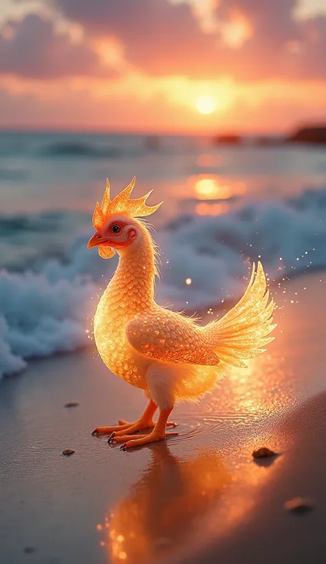 A magical transformation scene where the majestic dragon fish begins to glow with an ethereal light, its shimmering scales dissolving into radiant feathers as it transforms into a young chicken. The young chicken, now surrounded by a mystical aura, display...