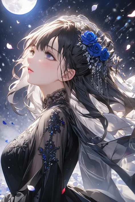 ( high res),( Masterpiece),All、 Sophisticated One Beautiful Woman 、 heavy makeup 、 black dress,Cold Beauty、 close-up、(((Rose petals scattered ))), A Beautiful Woman Full of Self 、Cold texture、 Will to Revolutionary 、Speed、Make a decision、Resolve、 I Trigger...