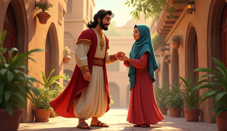 Prince Ali helping Fatima with her chores, symbolizing his newfound humility.