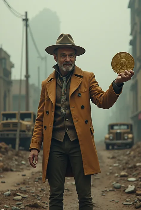 A post-apocalyptic setting with a funny character holding a shiny coin with the name Apocalypse Coin