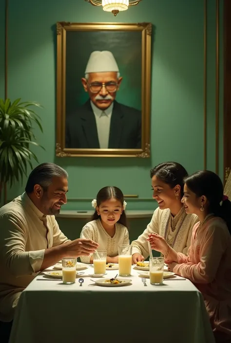 A rich family enjoying milk at home. Theme should be green with quaid e azam muhammad ali jinnah photo frame in the background. Picture must be landscape.