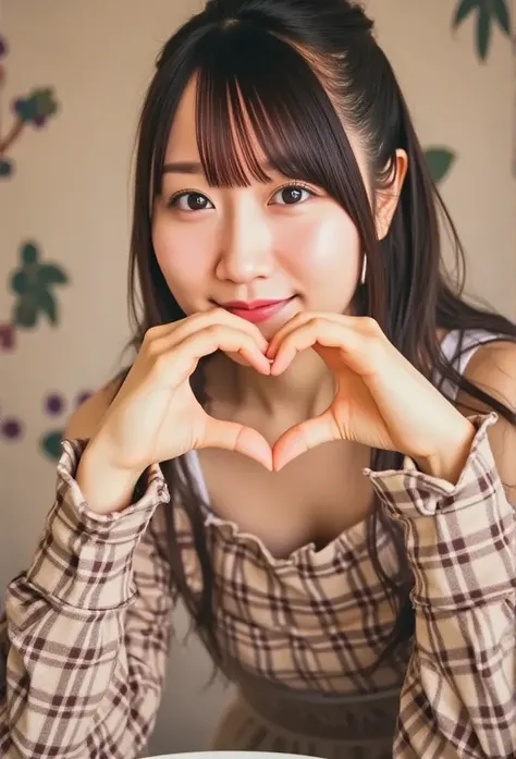   Im making a heart shape with both hands,(Masseter muscle part、 top quality 、 Mysterious in another dimension 、    Beautiful and Cute    、Perfect human body balance、  Official Art:1.2)、(  1 girl:1.3)、(Big Breasts:1.2)、  growing skin 、  cute gesture 、(  Na...