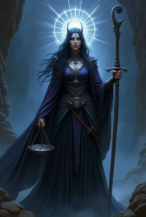  Art Description
Create an image of the Goddess Temis in the Dark Fantasy style.

 Details
1 . majestic woman, stern expression.
2. dark clothes,  dramatic draped .
3. Balance in the right hand ,  sword on the left .
4.  Rays of divine light on the head .
...