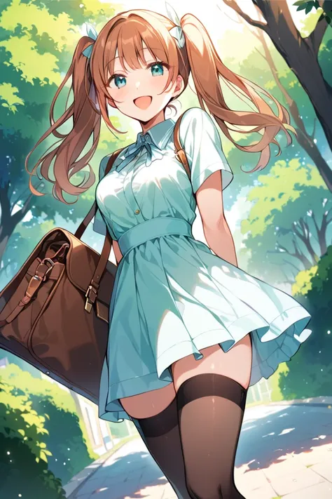 (masterpiece), takatsuki yayoi, reddish-brown hair, twintails, aqua eyes, 1girl, solo, thighhighs, outdoors, dress, smile, bag, dutch angle, holding, sky, open mouth,arms behind back,