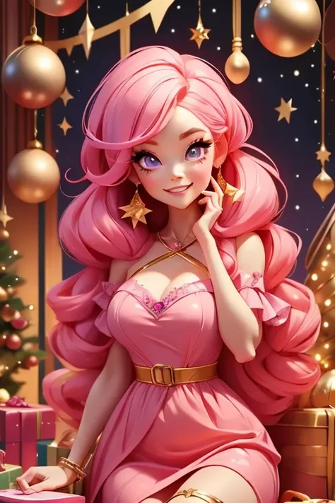 Perfect face. Perfect hands. A pink haired woman with violet eyes and an hourglass figure in a cute holiday dress is wrapping presents with a big smile by a Christmas tree