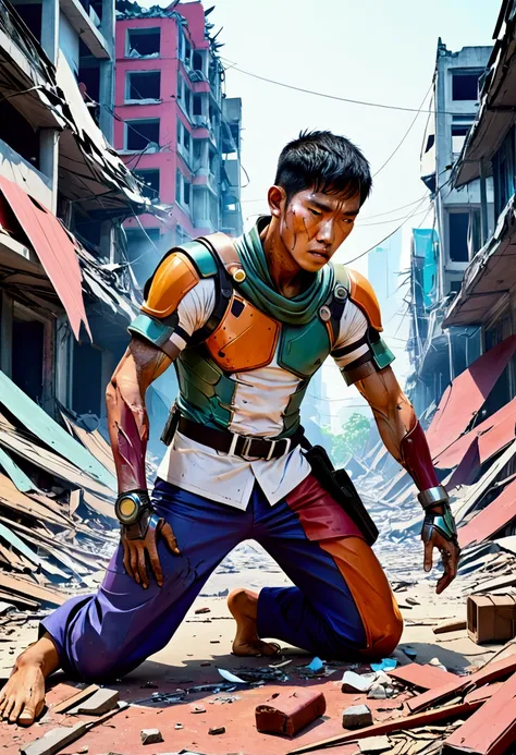 Thai science fiction film Thai man injured and his body fractured in destroyed city after fighting