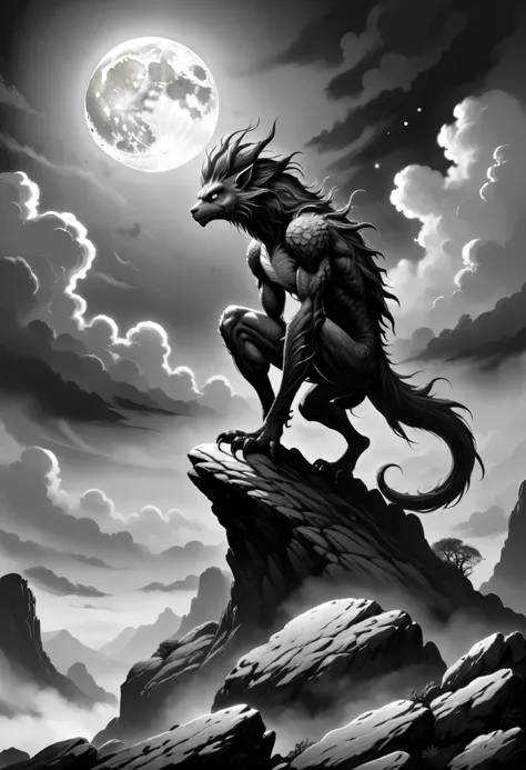 A captivating black and white comic book illustration featuring a mysterious humanoid creature perched on a rocky outcrop. The creature has elongated limbs, a pointed head, and a shadowy, textured appearance, giving it an air of intrigue. The background is...