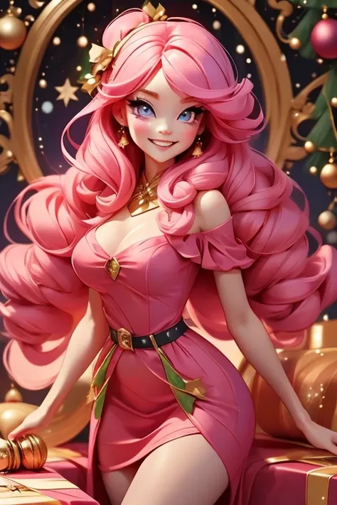 Perfect face. Perfect hands. A pink haired woman with violet eyes and an hourglass figure in a cute holiday dress is wrapping presents with a big smile by a Christmas tree