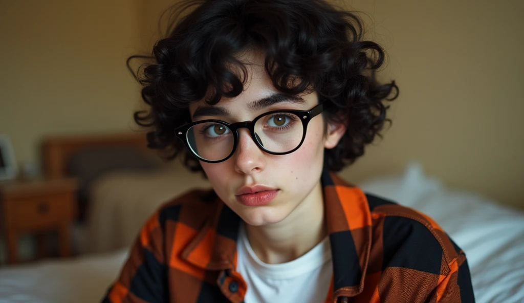 A 21-year-old girl . She has short curly black Chanel-style hair .  She wears a black and orange plaid shirt with the buttons closed over a white t-shirt.  She wears big round nerd glasses .  She has big eyebrows and eyes ,  flattened and pulled at the cor...