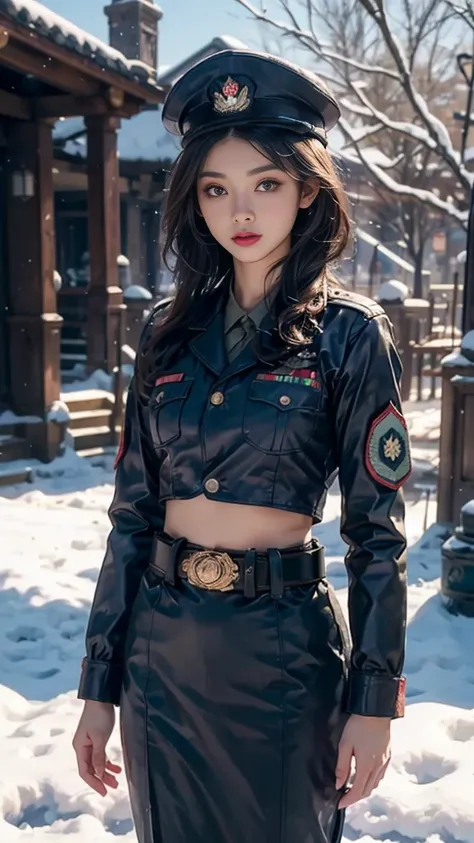 8k, ultra hd, masterpiece, 1 girl, (innocent face:1.2), very long hair, detailed eyes, (military outfit:1.4), (blue outfit:1.4), (belt:1.4), ((navel)), military hat, in the battlefield, (bloom:1.5), winter season, ((snow falling)), ray tracing, perfect bod...