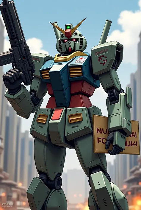 A detailed depiction of Gundam Exia, redesigned with SWAT tactical elements. The Gundam is holding an M4A1 rifle in one hand and a sign in the other hand that reads Nunphai FC in bold, playful letters. The chest area of the Gundam features a name tag label...